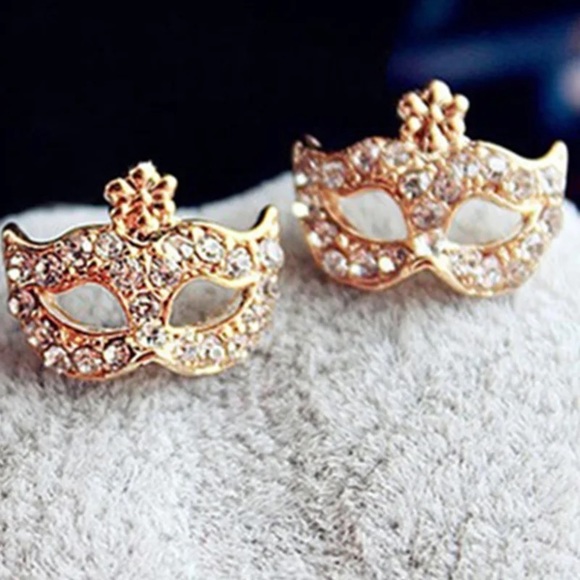Golden Mask Rhinestone Stud Earrings - Picture 1 of 2
